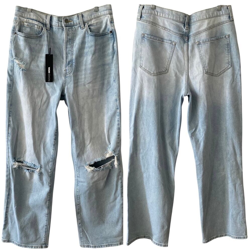 NEW FASHION NOVA First Love Ripped Straight Leg Jeans Size 13 Light Blue Wash